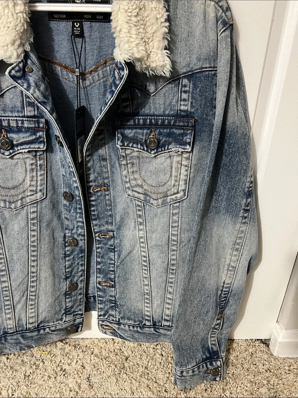 True Religion Light Blue Denim Jacket with Cream Sherpa Collar